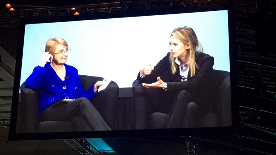 Elizabeth Holmes, right, speaks with former American Association for Clinical Chemistry President Patricia Jones during an August 2016 conference at the Pennsylvania Convention Center in Philadelphia.
